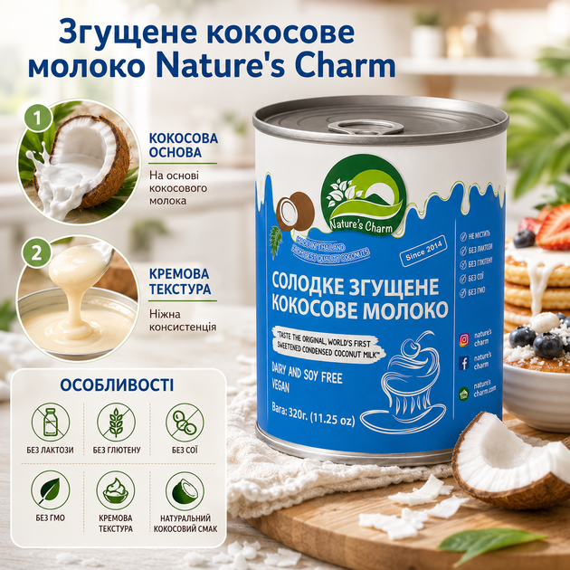 Кокосове згущене молоко Nature's Charm 320 г без лактози без глютену натуральний продукт - зображення 2