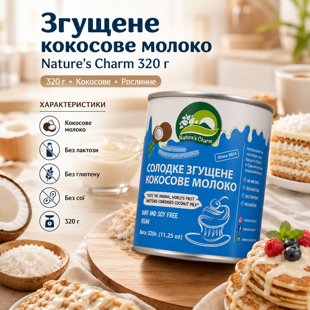 Згущене кокосове молоко Nature's Charm 320 г натуральне без лактози та глютену - Фото 1 Згущене кокосове молоко Nature's Charm 320 г натуральне без лактози та глютену - зображення 1