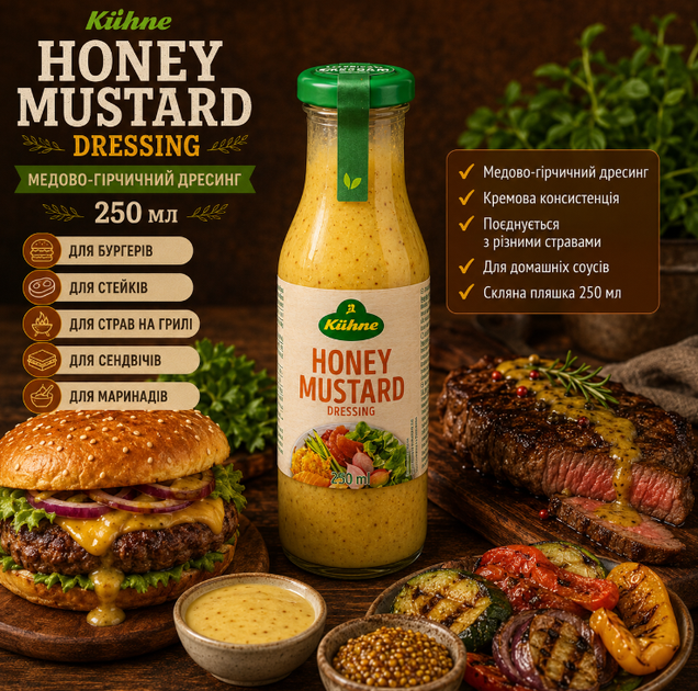 Соус салатний Kühne Honey Mustard Dressing 250 мл медово гірчичний дресинг для салатів мяса курки риби та гриля - зображення 3