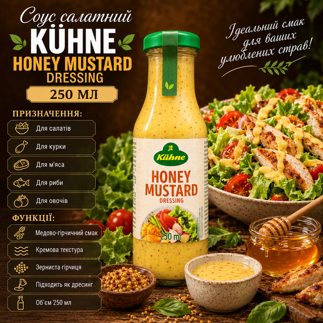 Соус салатний Kühne Honey Mustard Dressing 250 мл медово гірчичний дресинг для салатів мяса курки риби та гриля - зображення 2