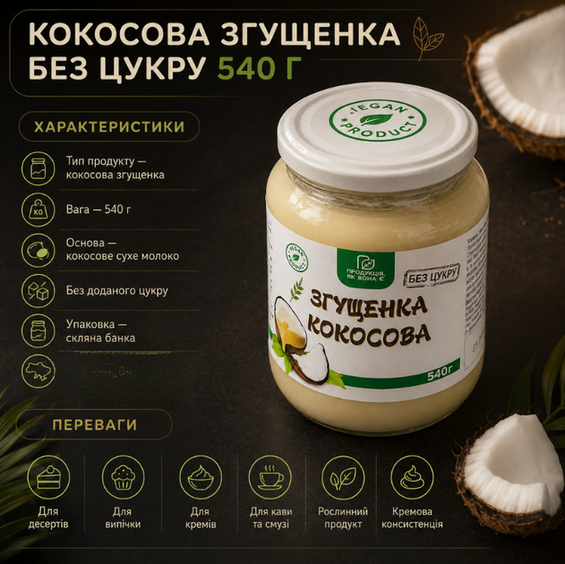 Кокосова згущенка без цукру 540 г натуральний рослинний продукт у скляній банці - зображення 3