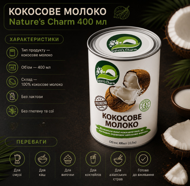 Кокосове молоко Nature's Charm 400 мл 100 відсотків кокосове рослинне - зображення 3