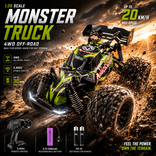 Машинка на радиоуправлении S757 Monster Truck 1:20 4WD до 20 км/ч, RC багги-внедорожник 2.4 GHz с аккумулятором - Фото 2 Машинка на радиоуправлении S757 Monster Truck 1:20 4WD до 20 км/ч, RC багги-внедорожник 2.4 GHz с аккумулятором - изображение 2