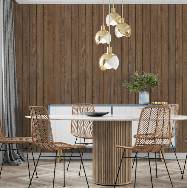 Самоклеящиеся виниловые 3D-рейки в рулоне для стен 600×3000×3 мм, 1,8 м² Тик ореховый - изображение 4