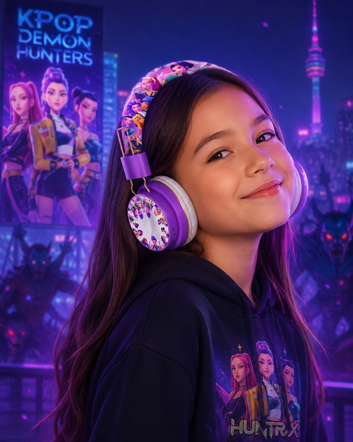 Наушнки Headset детские беспроводные Кпоп Охотиницы на демонов KPop Demon Hunters с з Bluetooth и микрофоном для девочки, регулируемій размер, фиолетовые (SVS) - изображение 3