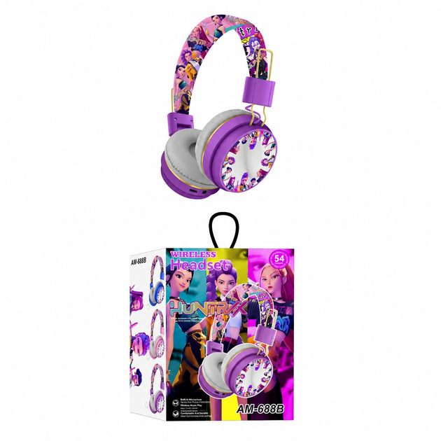 Наушнки Headset детские беспроводные Кпоп Охотиницы на демонов KPop Demon Hunters с з Bluetooth и микрофоном для девочки, регулируемій размер, фиолетовые (SVS) - изображение 4