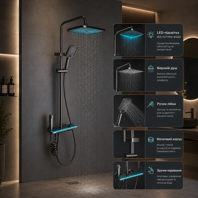 Душ/смеситель Faucet (CRH-8921 многофункциональный с LED ГИДРОЭНЕРГЕТИКОЙ металл / Душевая система с верхним и ручным душем / Душевая система для ванны - изображение 4
