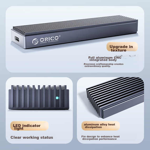 Корпус для двухпротокольного SSD-накопителя ORICO M.2 NVMe/SATA, 10 Гбит/с, Type-C, полностью алюминиевая система охлаждения, совместим с ноутбуками, M2PJM. - изображение 9