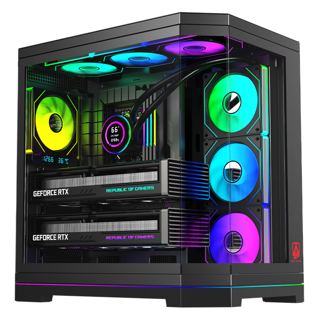 Корпус для игрового компьютера AOC ACG802B Black ATX, панорамный обзор 270°, поддержка быстросъемных/9-слотовых двух видеокарт, совместимость с системами водяного охлаждения 360 мм, 10 мест для вентиляторов. - Фото 4 Корпус для игрового компьютера AOC ACG802B Black ATX, панорамный обзор 270°, поддержка быстросъемных/9-слотовых двух видеокарт, совместимость с системами водяного охлаждения 360 мм, 10 мест для вентиляторов. - изображение 4