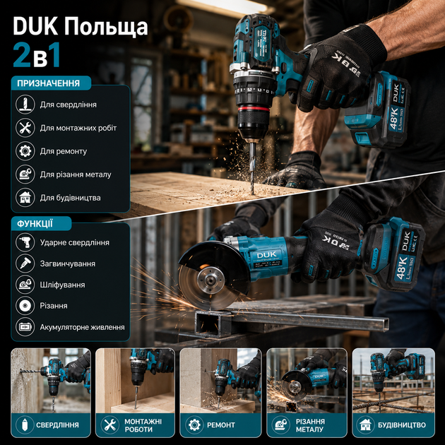Аккумуляторный набор инструментов DUK 2 в 1 48V 6Ah бесщеточный дрель шуруповерт и угловая шлифмашина с 2 аккумуляторами в кейсе - изображение 2