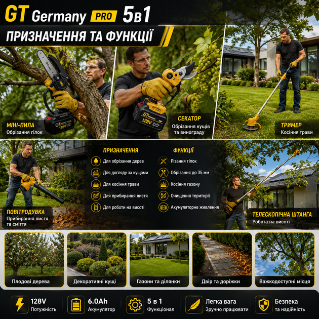 Аккумуляторный садовый набор GT Germany PRO 5 в 1 128V 6Ah бесщеточный мини пила секатор триммер воздуходувка и телескопическая штанга - изображение 3