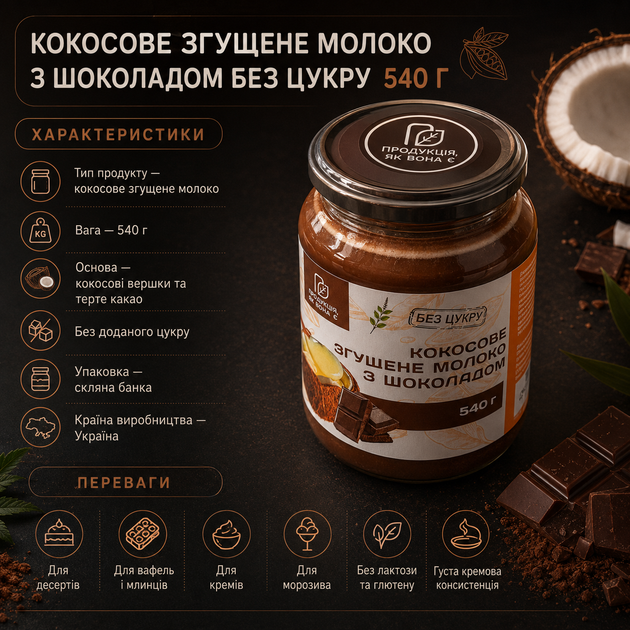 Шоколадне кокосове згущене молоко без цукру 540 г рослинний десерт у скляній банці - зображення 2