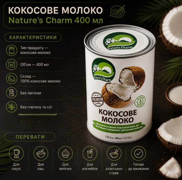 Кокосове молоко Nature's Charm 400 мл натуральне рослинне без лактози глютену та сої - зображення 2