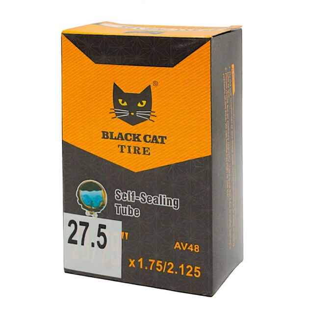 Камера 27.5 длинный ниппель AV 48mm BLACK CAT (1.75-2.125) самоклеящаяся (с антипрокольным гелем) - Фото 1 Камера 27.5 длинный ниппель AV 48mm BLACK CAT (1.75-2.125) самоклеящаяся (с антипрокольным гелем) - изображение 1