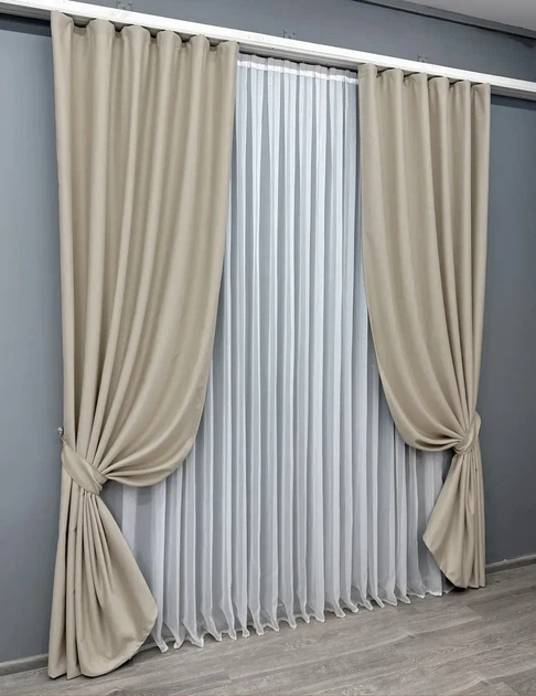Комплект штор VR-Textil шенилл 2 шт 150x270 см бежевый (1691ш) - Фото 3 Комплект штор VR-Textil шенилл 2 шт 150x270 см бежевый (1691ш) - изображение 3
