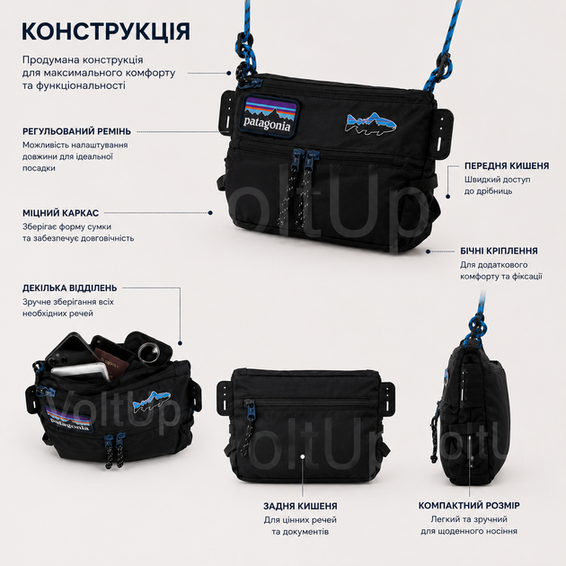 Сумка через плече Patagonia Messenger чорна водовідштовхувальна з 4 відділеннями для міста та повсякденного використання - зображення 2