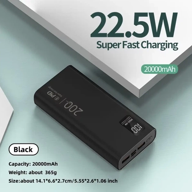 Портативный Power Bank 22.5W, 20000 mAh, PD20W, двойной вход, три выхода - Фото 1 Портативный Power Bank 22.5W, 20000 mAh, PD20W, двойной вход, три выхода - изображение 1