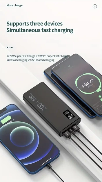 Портативный Power Bank 22.5W, 20000 mAh, PD20W, двойной вход, три выхода - Фото 4 Портативный Power Bank 22.5W, 20000 mAh, PD20W, двойной вход, три выхода - изображение 4