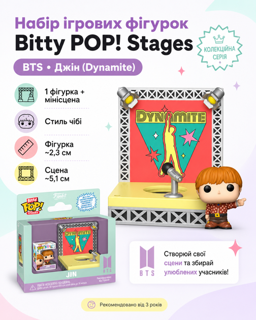 Набір ігрових фігурок Bitty POP! Stages серії BTS (Джін Dynamite) - Фото 1 Набір ігрових фігурок Bitty POP! Stages серії BTS (Джін Dynamite) - зображення 1