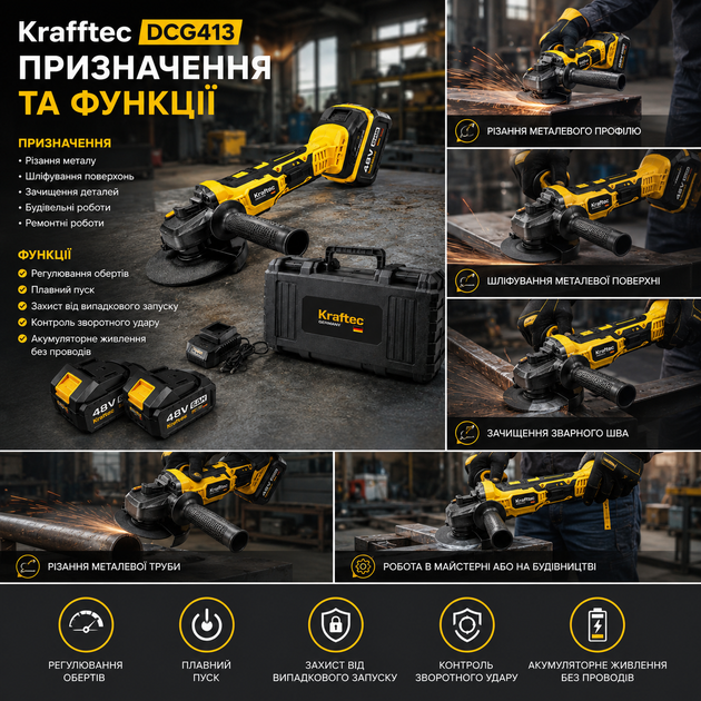 Болгарка аккумуляторная Krafftec Germani DCG413 48V 6Ah бесщеточная угловая шлифовальная машина 125 мм с двумя аккумуляторами регулировкой оборотов и кейсом - изображение 3