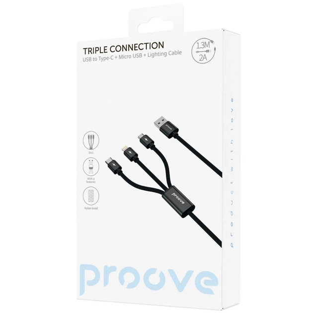Кабель Proove Triple Connection 3 in 1 Type-C + Micro USB + Lightning (1.3m) black - Фото 1 Кабель Proove Triple Connection 3 in 1 Type-C + Micro USB + Lightning (1.3m) black - изображение 1