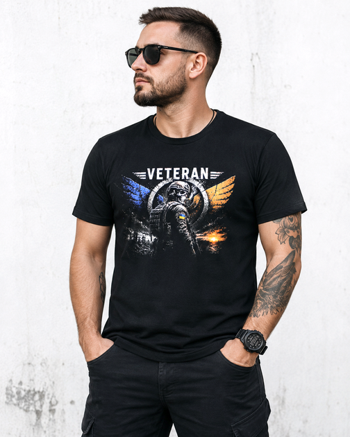 Футболка мужская летняя черная с принтом "VETERAN" Хлопок XL - Фото 1 Футболка мужская летняя черная с принтом "VETERAN" Хлопок XL - изображение 1