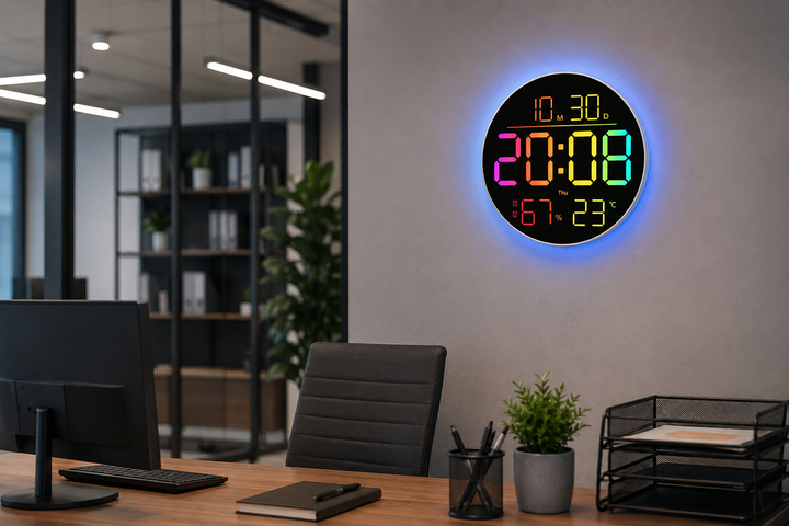 Часы настенные 6695R / Настенные часы круглые RGB с пультом / Календарь, температура, влажность - изображение 3