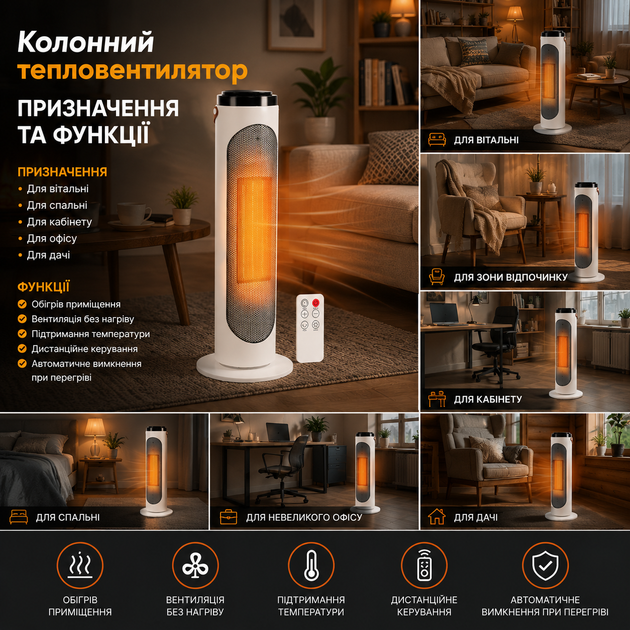 Тепловентилятор керамический колонный 2000 Вт с дистанционным управлением терморегулятором таймером и сенсорным дисплеем - изображение 4