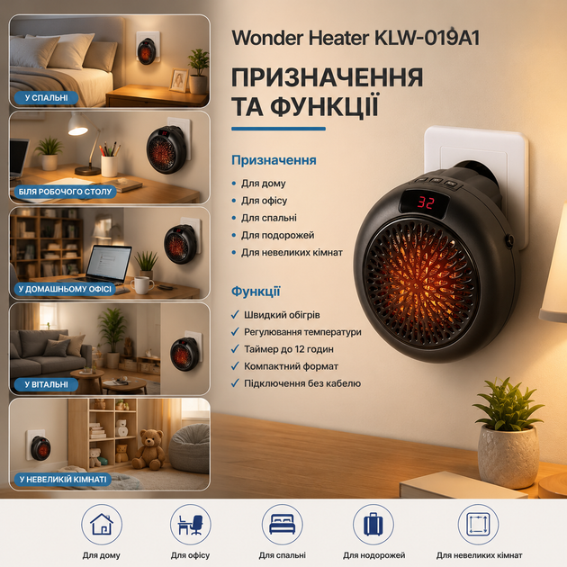 Портативный обогреватель Wonder Heater KLW-019A1 900 Вт с термостатом таймером LED дисплеем для розетки - изображение 2