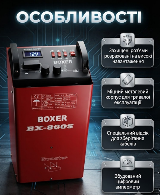 Пуско-зарядное устройство BOXER BX8005 12 24 В 750 А для аккумуляторов 60–900 Ач LCD дисплей быстрый запуск - изображение 2