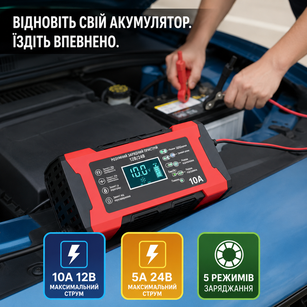 Умное импульсное зарядное устройство 12V/24V 10A для автомобильных аккумуляторов с LCD дисплеем - изображение 3