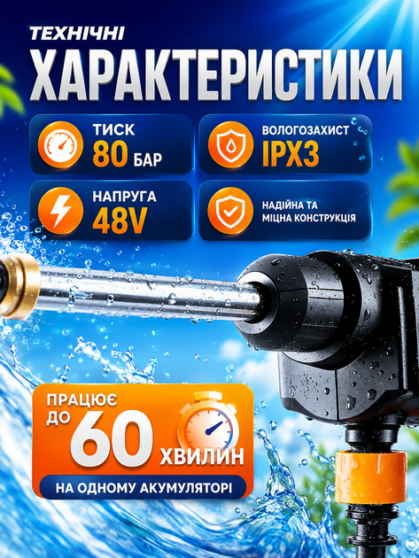 Аккумуляторная минимойка высокого давления 48V беспроводная портативная для мойки автомобиля, велосипеда, мотоцикла и дома, кейс, 2 аккумулятора - Фото 7 Аккумуляторная минимойка высокого давления 48V беспроводная портативная для мойки автомобиля, велосипеда, мотоцикла и дома, кейс, 2 аккумулятора - изображение 7