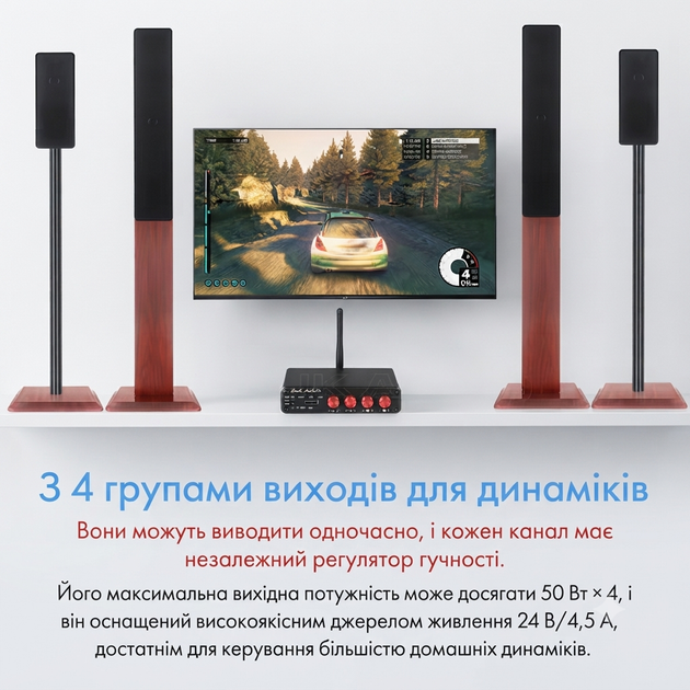 Підсилювач Douk Audio M4 + блок живлення 24 В - багатозонний 4-канальний 50Вт*4 - підтримка Line-Out та Line-in Bluetooth USB - Фото 4 Підсилювач Douk Audio M4 + блок живлення 24 В - багатозонний 4-канальний 50Вт*4 - підтримка Line-Out та Line-in Bluetooth USB - зображення 4