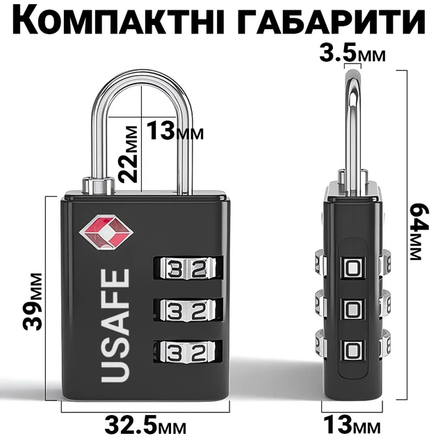 Замок підвісний USafe CP-03-TSA кодовий металевий чорний з TSA доступом - Фото 2 Замок підвісний USafe CP-03-TSA кодовий металевий чорний з TSA доступом - зображення 2