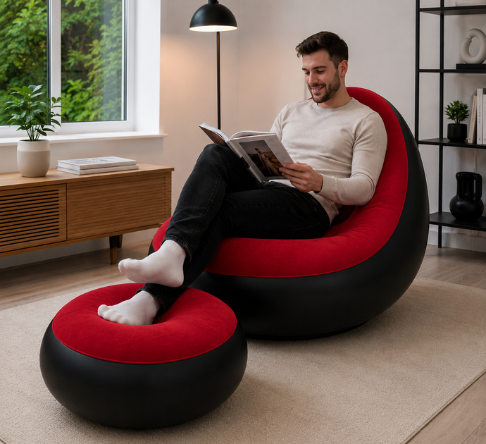 Надувной диван с пуфом Air Sofa / Надувное велюровое кресло с пуфиком+насос Красный - Фото 3 Надувной диван с пуфом Air Sofa / Надувное велюровое кресло с пуфиком+насос Красный - изображение 3