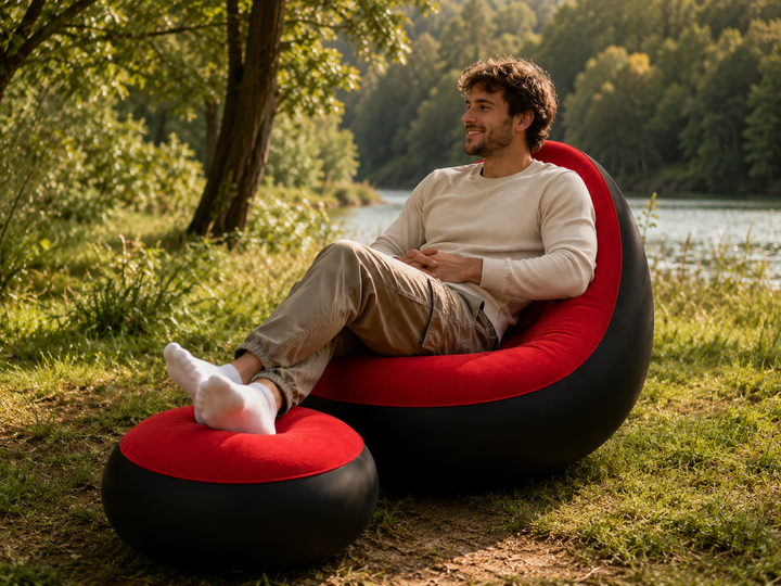 Надувной диван с пуфом Air Sofa / Надувное велюровое кресло с пуфиком+насос Красный - Фото 4 Надувной диван с пуфом Air Sofa / Надувное велюровое кресло с пуфиком+насос Красный - изображение 4