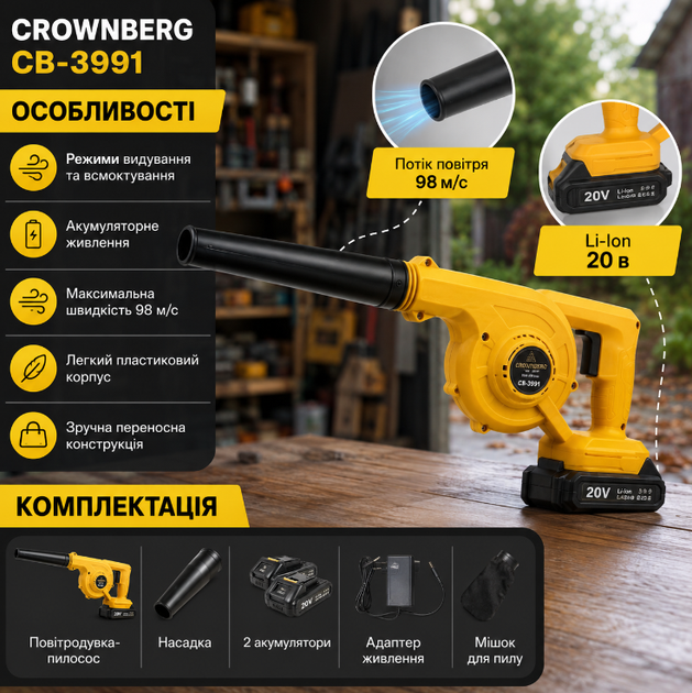 Садовый пылесос воздуходувка Crownberg CB 3991 аккумуляторный 20V с двумя аккумуляторами Li Ion функциями выдувания и всасывания желтый - Фото 3 Садовый пылесос воздуходувка Crownberg CB 3991 аккумуляторный 20V с двумя аккумуляторами Li Ion функциями выдувания и всасывания желтый - изображение 3