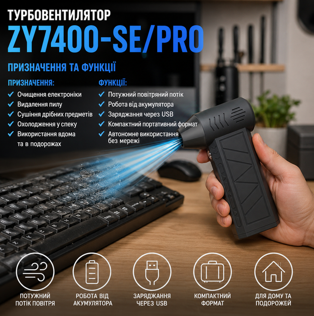 Аккумуляторная воздуходувка ZY7400 SE PRO портативный турбофен 5000 mAh с зарядкой USB скорость воздуха 39 5 м с для очистки сушки и охлаждения черная - Фото 2 Аккумуляторная воздуходувка ZY7400 SE PRO портативный турбофен 5000 mAh с зарядкой USB скорость воздуха 39 5 м с для очистки сушки и охлаждения черная - изображение 2