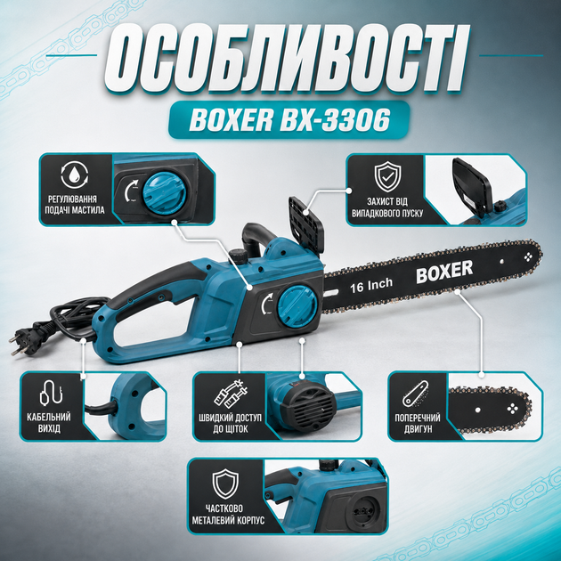 Электрическая цепная пила Boxer BX-3306 2200 Вт с шиной 40 см для обрезки деревьев и распиливания древесины - изображение 4