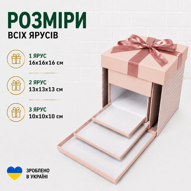 Подарункова розкладна коробка сюрприз 3-рівнева для фото, солодощів та подарунку, коробка трансформер 16х16х16 см Пудрова смугаста - зображення 2