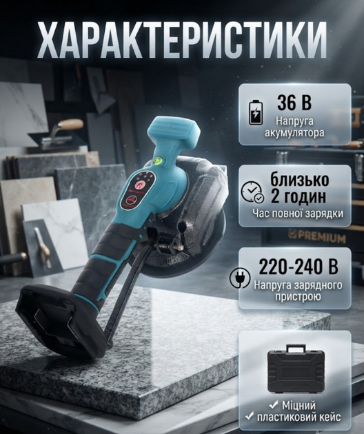 Акумуляторна вібраційна присоска BX7031 130 мм 2x36 В вантажопідйомність до 50 кг для укладання плитки скла та керамограніту - зображення 3