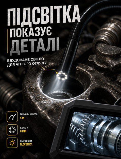 Эндоскопическая камера с встроенным дисплеем и подсветкой на 5 метров для осмотра труднодоступных мест IP67 3 насадки в комплекте - изображение 6