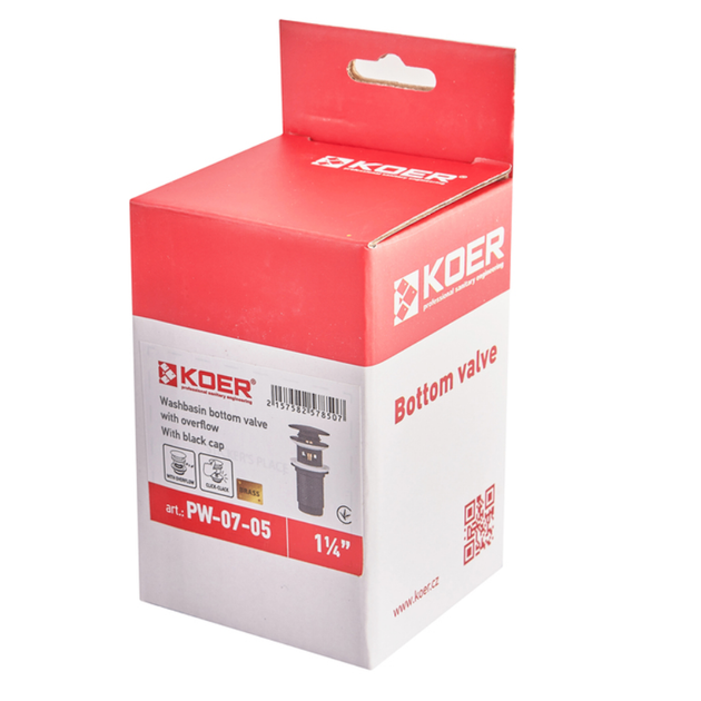 Донный клапан Koer PW-07-05 1 1/4'' Сlick-Сlack для умывальника, черный матовый (KR5785) - изображение 9