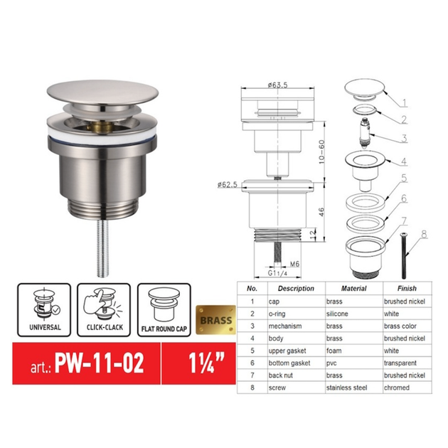 Донный клапан Koer PW-11-02 1 1/4'' Сlick-Сlack SS для умывальника, хром (KR5792) - изображение 7