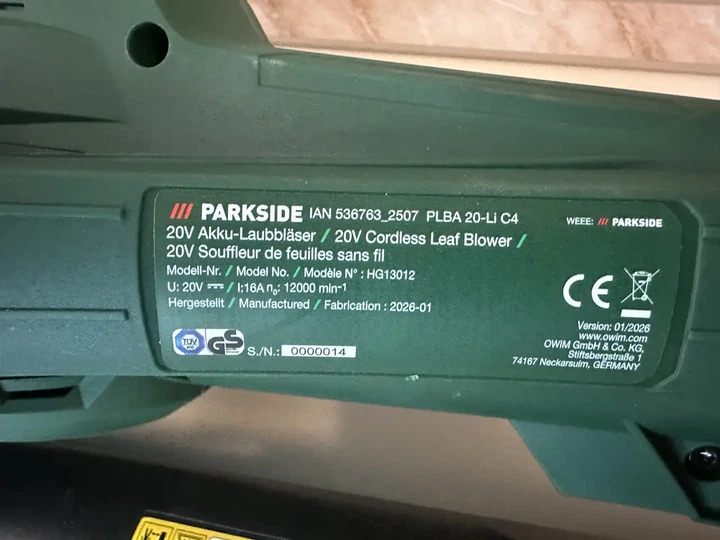 Повітродувка акумуляторна для листя Parkside PLBA 20 C4 - зображення 2