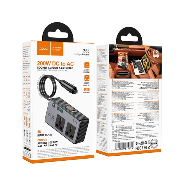 Автомобільний інвертор Hoco Z66 200W (2*AC 220V, PD30W+QC3.0, DC12V) Чорний - зображення 9