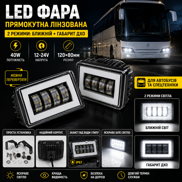 LED фара прямокутна лінзована 2 режими ближній + габарит дхо 40W 12-24V (120мм×80мм) МОЖНА ПЕРЕВЕРТАТИ фари на автобус , трактор - Фото 2 LED фара прямокутна лінзована 2 режими ближній + габарит дхо 40W 12-24V (120мм×80мм) МОЖНА ПЕРЕВЕРТАТИ фари на автобус , трактор - зображення 2