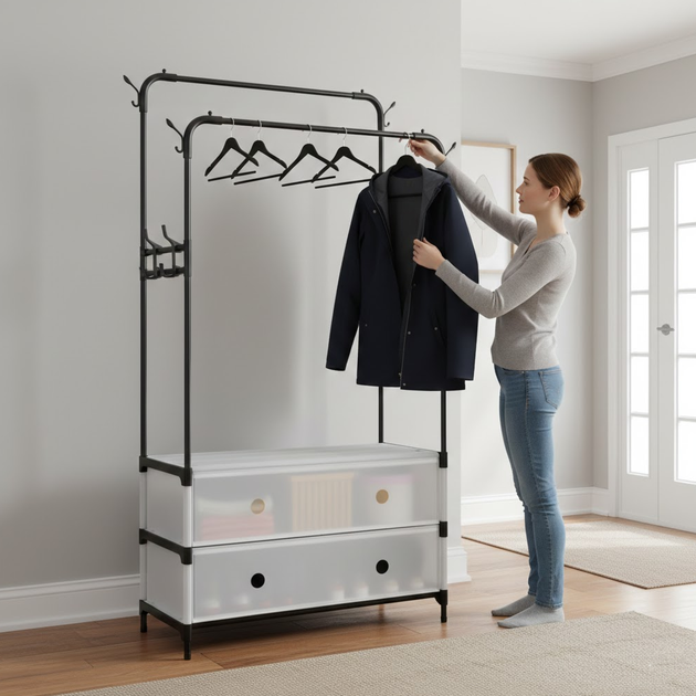 Вішалка-стелаж для одягу та взуття RIAS Coat Rack MJPP63 63x28x175 см Black-White (3_08461) - Фото 8 Вішалка-стелаж для одягу та взуття RIAS Coat Rack MJPP63 63x28x175 см Black-White (3_08461) - зображення 8