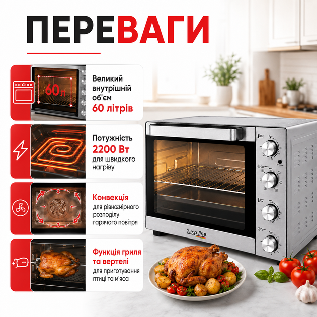 Електрична духовка Zepline ZP-00369 AeroChef Pro Max з конвекцією грилем вертелом механічним керуванням внутрішнім освітленням камерою 60 л потужністю 2200 Вт з корпусом із нержавіючої сталі - зображення 3
