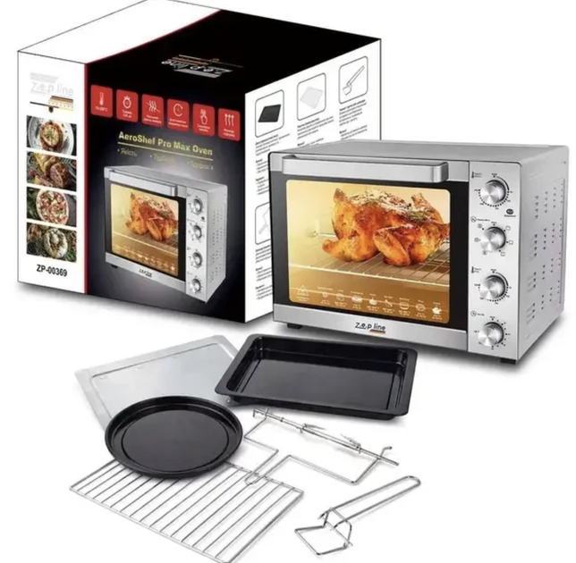 Електрична духовка Zepline ZP-00369 AeroChef Pro Max з конвекцією грилем вертелом механічним керуванням внутрішнім освітленням камерою 60 л потужністю 2200 Вт з корпусом із нержавіючої сталі - зображення 6
